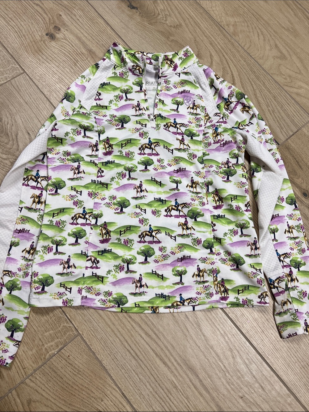 Ariat White Long-Sleeve Kids Top with Green & Purple Equestrian Print